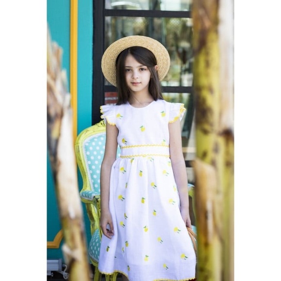 Sorci and Fofa Girls 6 Embroidered Lemon Flutter Sleeve Ric-Rac Linen Dress - Picture 1 of 16